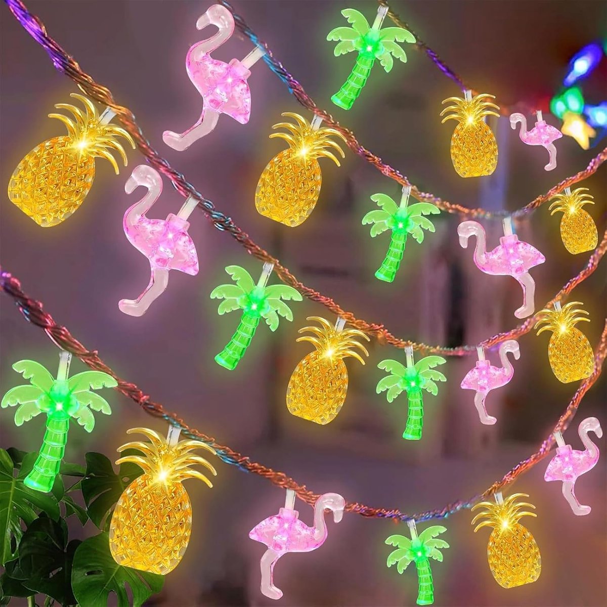 Hawaï-lichtsnoer met ananas, flamingo, palmenpatroon, voor binnen en buiten, voor zomerfeest, stranddecoratie