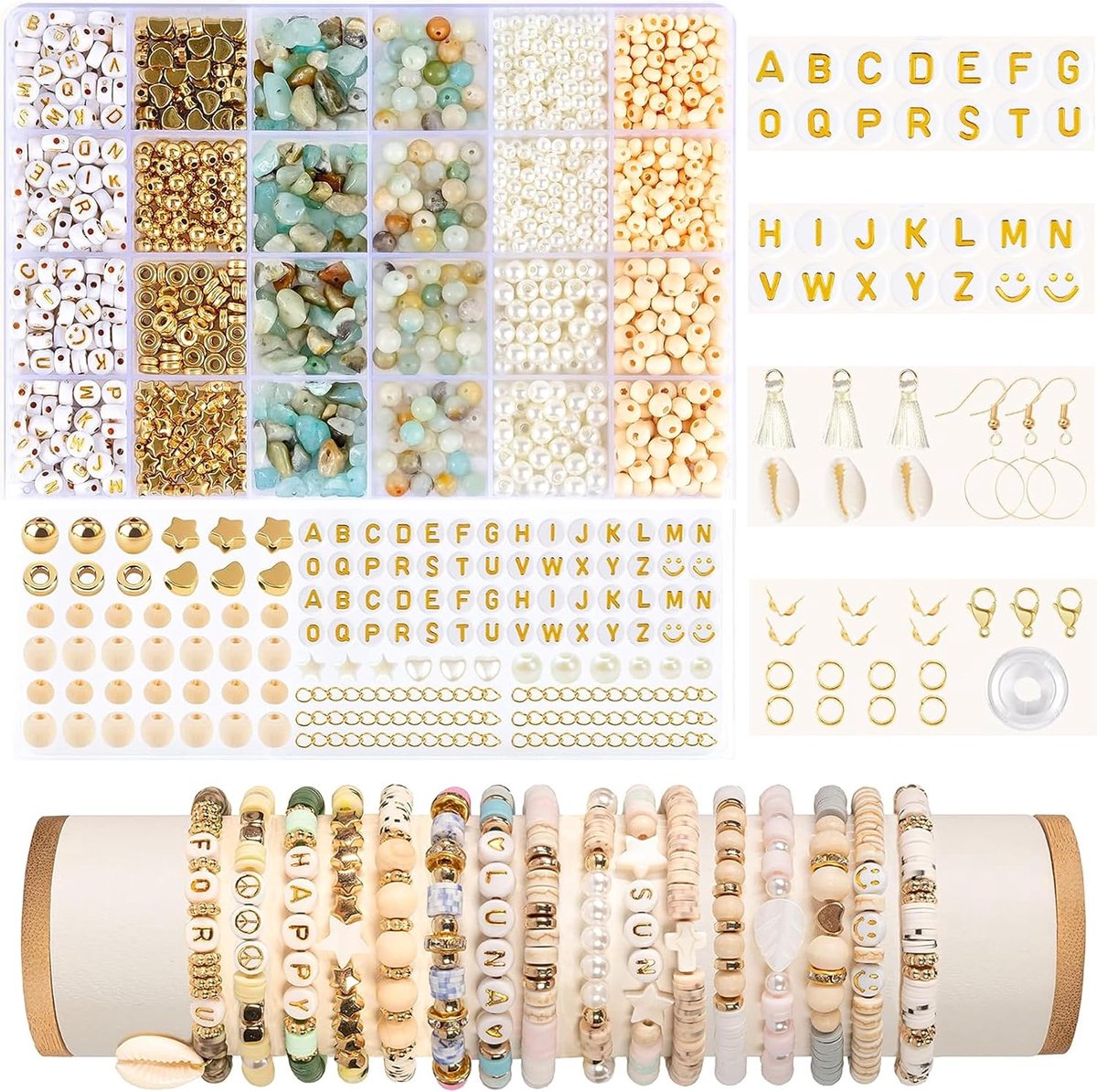 Kralen voor armbanden, edelsteen parelkralenset met houten kralen, om te rijgen, set kralen voor doe-het-zelf sieraden, halsketting, oorbellen, ketting voor kinderen en