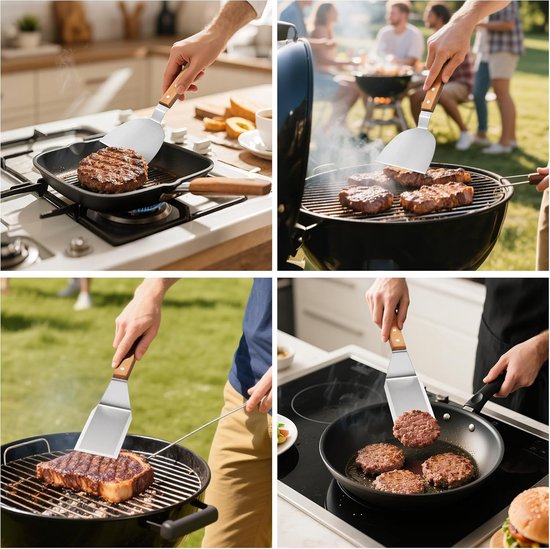 steakspatel en gebogen taartpalet, grillspatel en hoekpalet met houten handgrepen, robuuste metalen spatel voor taartdecoratie, koken en grillen, 3 stuks — afbeelding 4