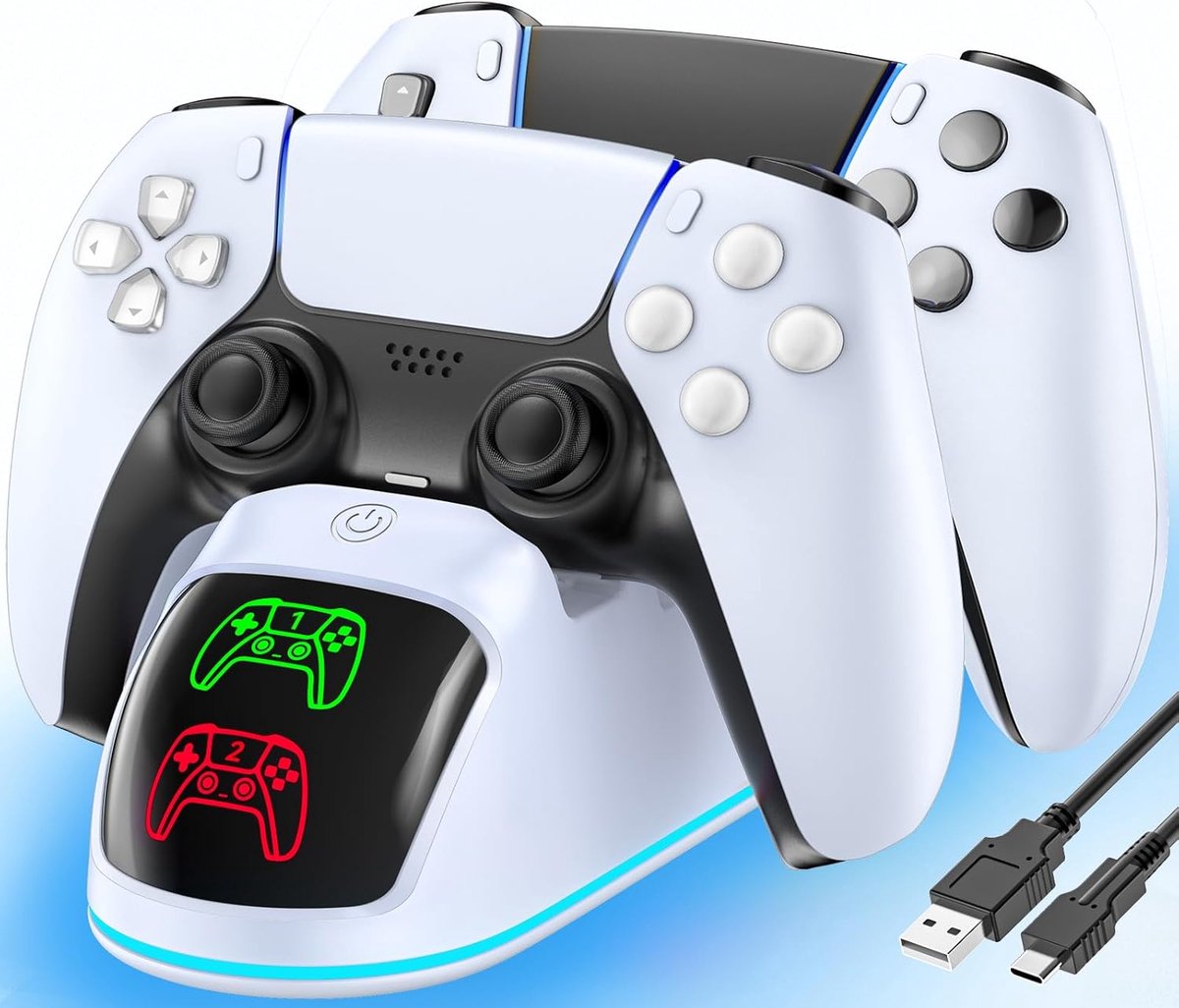 Controller Charger voor PS5 Dualsense & Edge - 2H Fast Playstation 5 Controller Oplader met 9 RGB Licht, Snel PS5-oplaadstation met kabel, voor PlayStation 5 Oplader Accessoires Kabels