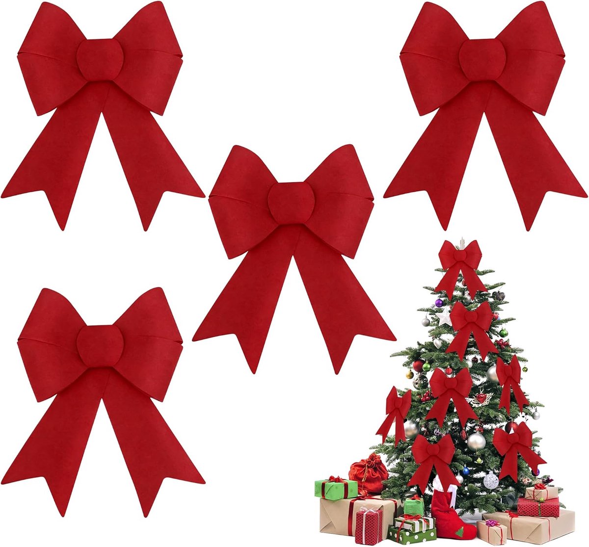Strikken voor Kerstmis, grote strikken, kerstboom, 21 x 31 cm, fluweel, kerststrikken, cadeaustrik, reuzenstrik, fluwelen strik XXL, voor kerstboomversiering, rood