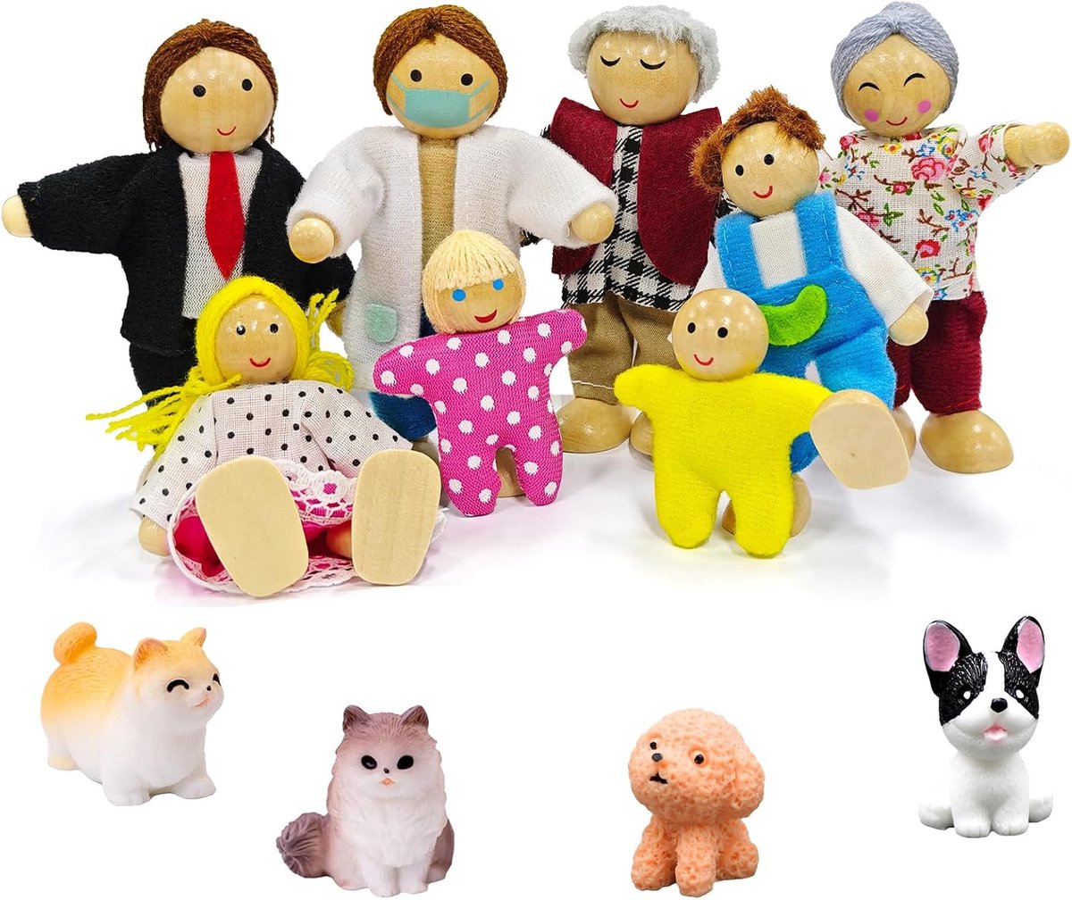 Houten poppenhuispoppen - 13 stuks houten familieset met kat en hond, figuren, buigpoppen voor accessoires, cadeau