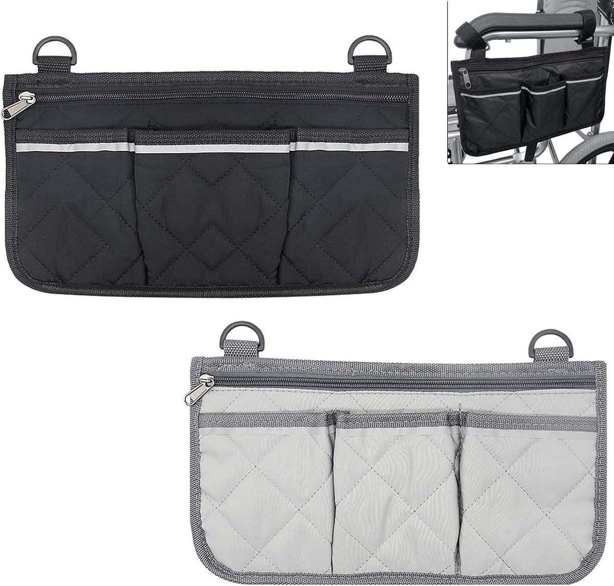 2 stuks rolstoeltas, zijrolstoeltas, armleuningtas met 4 zakken en reflecterende strepen, rolstoelaccessoires, rollator tas voor de meeste rolstoelen, loophulpen