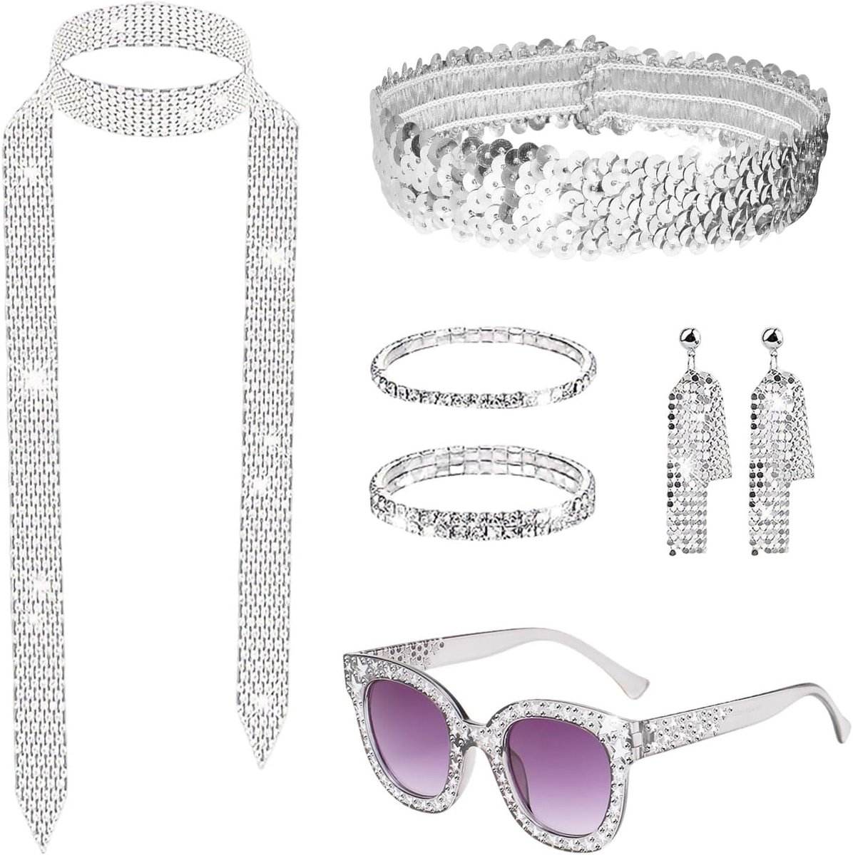 7-delige set discoaccessoires, discokostuumset met pailletten, hoofdband, bling-zonnebril, lange sjaal, armband, ring, oorbellen voor meisjes en vrouwen, jaren 70, 80, verkleedfeest, Halloween