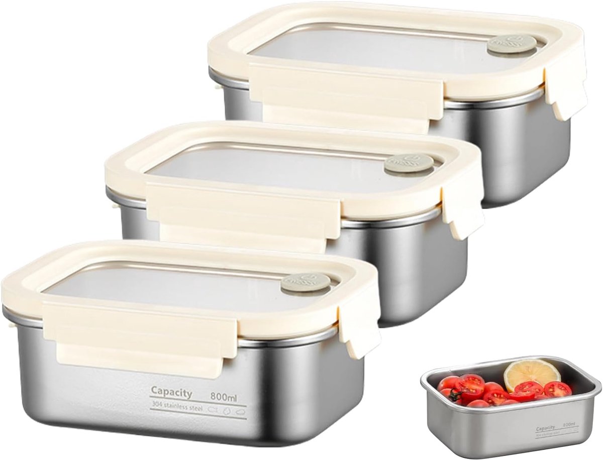 Set van 3 roestvrijstalen voedselbewaardozen: 800 ml roestvrij staal met deksel, lekvrije lunchbox, vaatwasmachinebestendig en ovenbestendig voor in de keuken, op kantoor, de