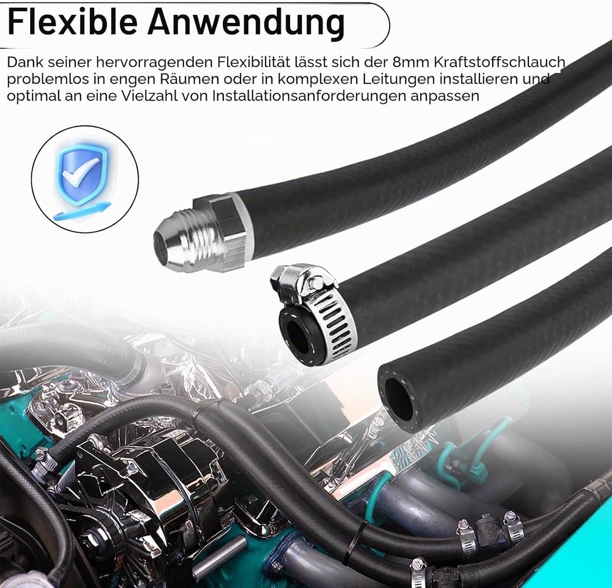1 meter brandstofslang, NBR dieselslang, zwarte brandstofleiding 8 mm, met slangklemmen, benzineslangset, binnendiameter 8 mm - voor auto's, tractoren, grasmaaiers