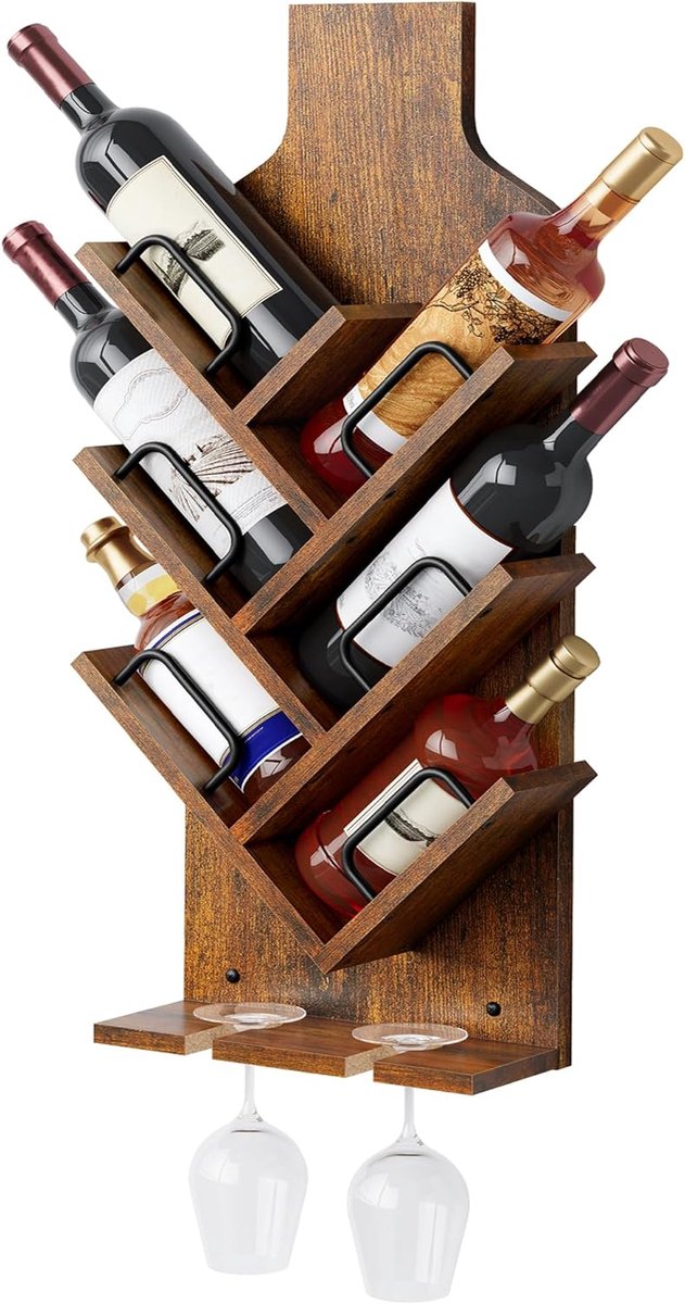 wijnrek voor 6 wijnflessen, wandrekken voor het presenteren en bewaren van wijnflessen met glazenhouders, houten wijnrek voor woonkamer, eetkamer, bar, Bruin