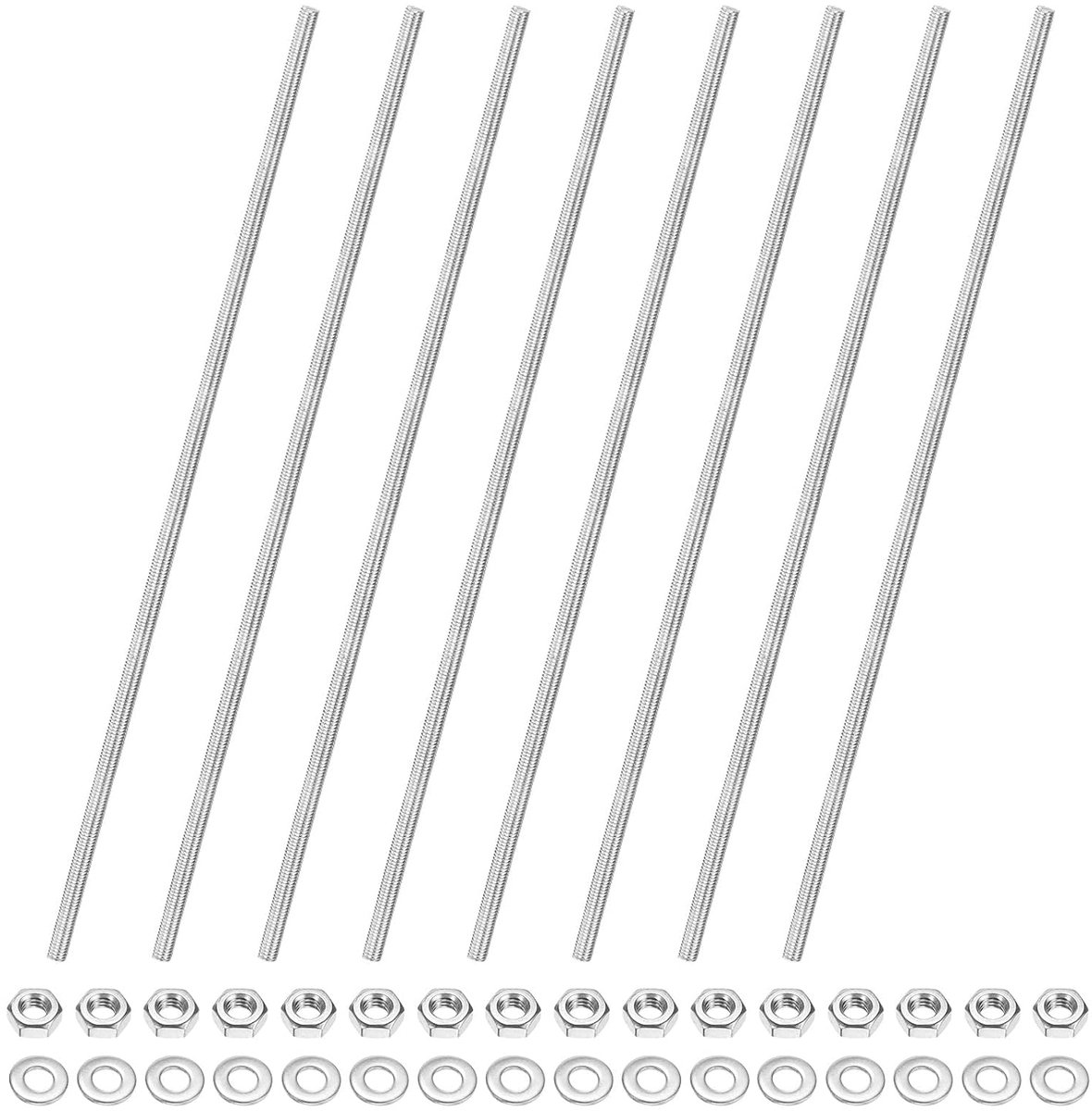 METERXITY 8 stuks volledige schroefdraadstang M4 x 200 mm 304 roestvrij staal rechtse schroefdraad stiftschroeven met zeskantmoeren en sluitringen voor meubelankerbouten klemmen U-bouten