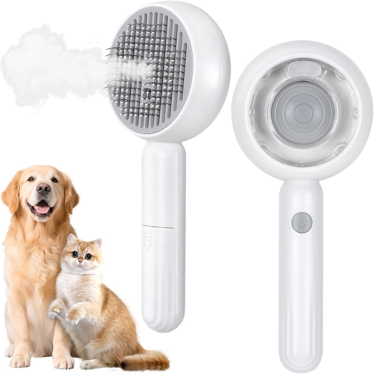 Stoomborstel voor katten, honden, 4-in-1, zelfreinigende borstel, massagekam van spray voor lange en korte haren, katten, honden, konijnen, wit