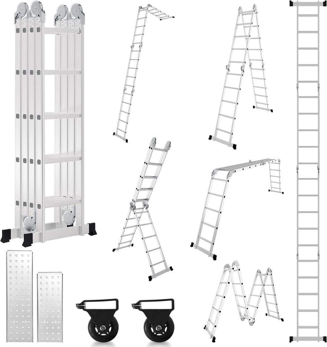 7-in-1 multifunctioneel ladder 582 cm, 2 platforms, 2 transportwielen 150 kg, werkladder, 20 treden, zilver
