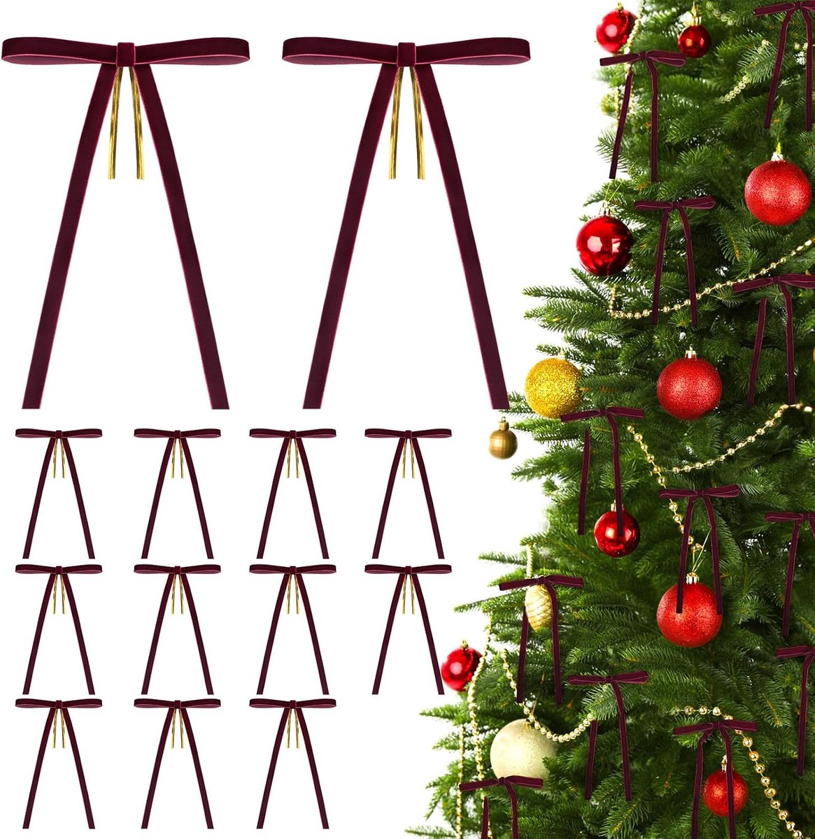 24 stuks bordeauxrode fluwelen kerstboomstrikken met draaibanden, 5 x 7 inch vintage kerstlint strikje ornamenten voor kerstdecoratie, geschenkverpakking, kransen, ambachten, binnen buiten