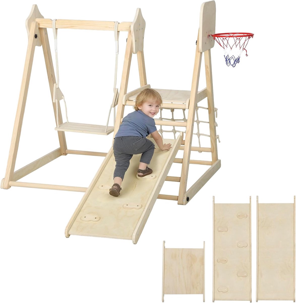 5-in-1 Montessori Indoor Houten Klimdriehoek met Glijbaan, Schommel, Klimnet en -bord, Basketbalring, Opvouwbaar Speelplaats voor Kinderen van 3-6 Jaar, Natuur
