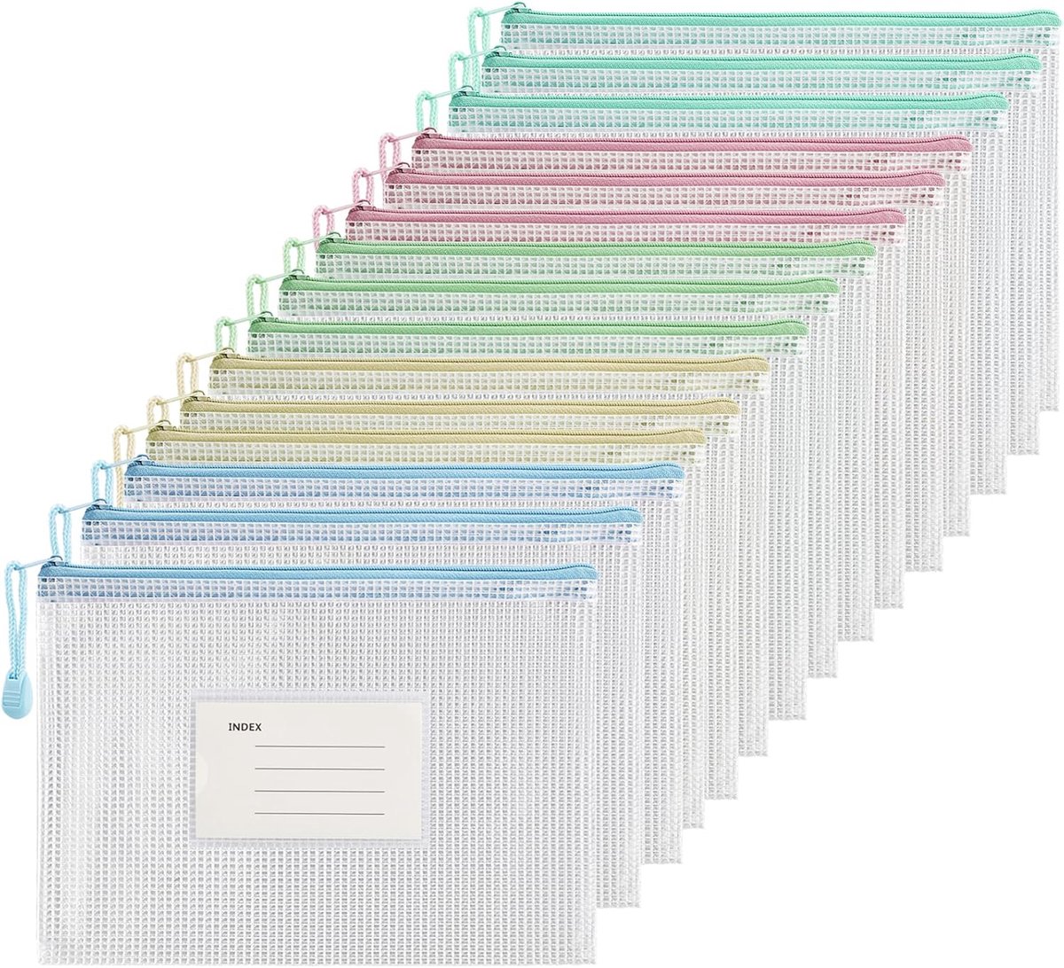Documententassen met ritssluiting, A5, waterdicht, van kunststof, voor kwitanties, kantoor, reizen, school, 5 kleuren, 15 stuks