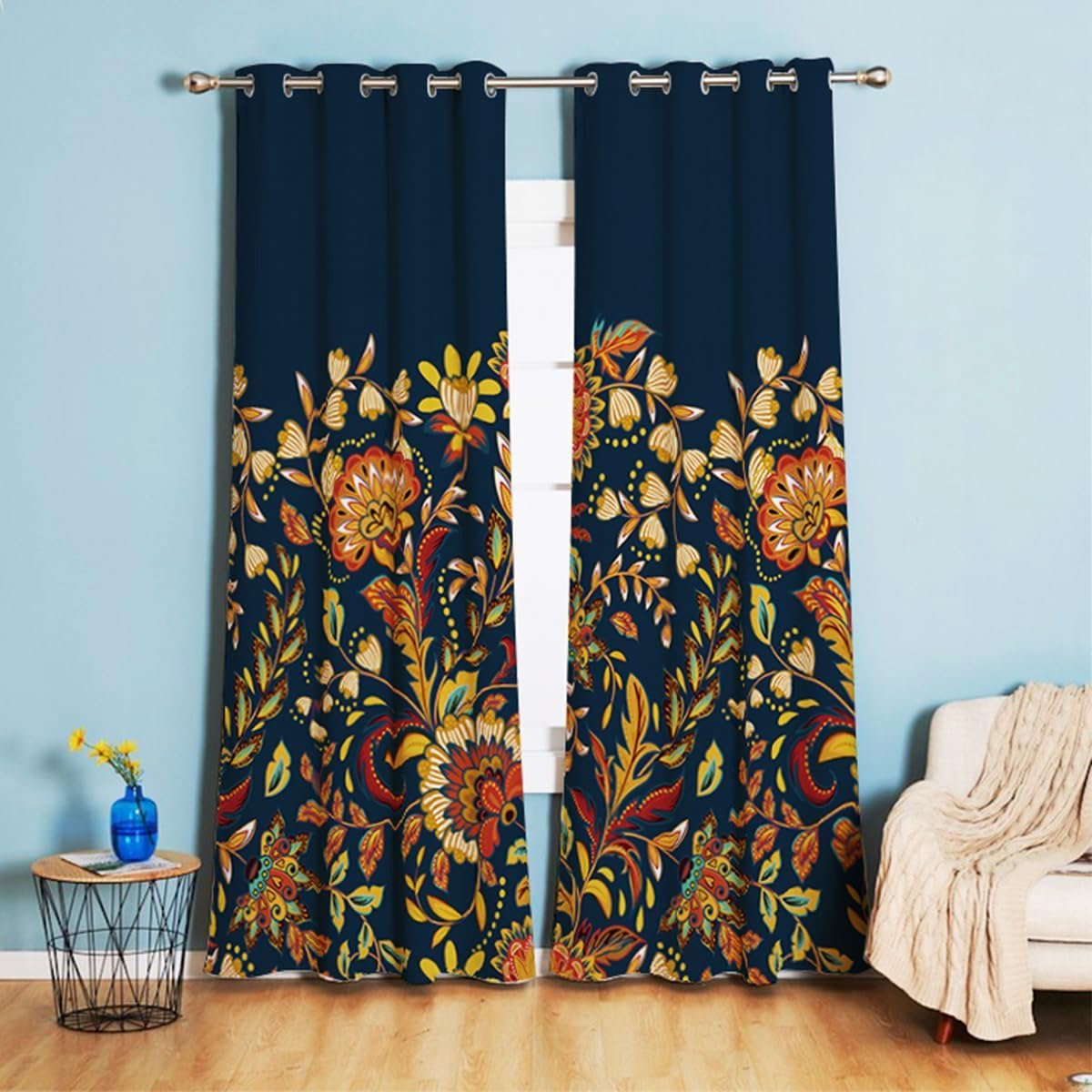 gordijnen, ondoorzichtig, bloemen, vintage, met inslagringen, landhuis, verduisteringsgordijnen, deco, thermogordijn, koudebescherming, marineblauw, voor ramen en woonkamer, set van 2