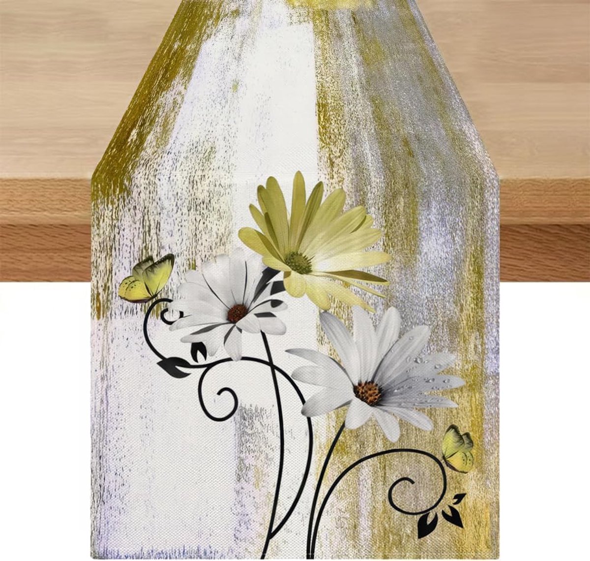 Tafelloper Lente, modern, 40 x 140 cm, geel, bloemen, goud, tafelloper, outdoor, weerbestendig, loper, tafel, abstract olieverfschilderij, boerderij, tafeldecoratie voor keuken, koffie, vakantie