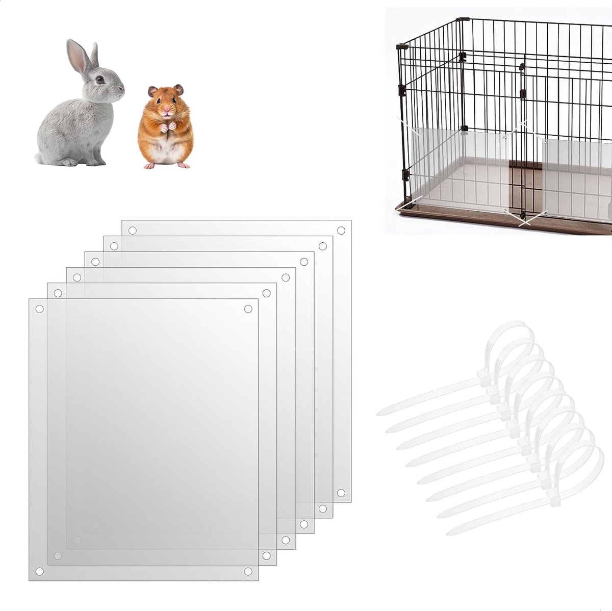 Randbescherming voor huisdieren, 6 stuks, transparant, bescherming voor konijnenkooi, 26 x 21 cm, met 100 kabelbinders voor konijnen, cavia's, hamsters en speelplaatsen