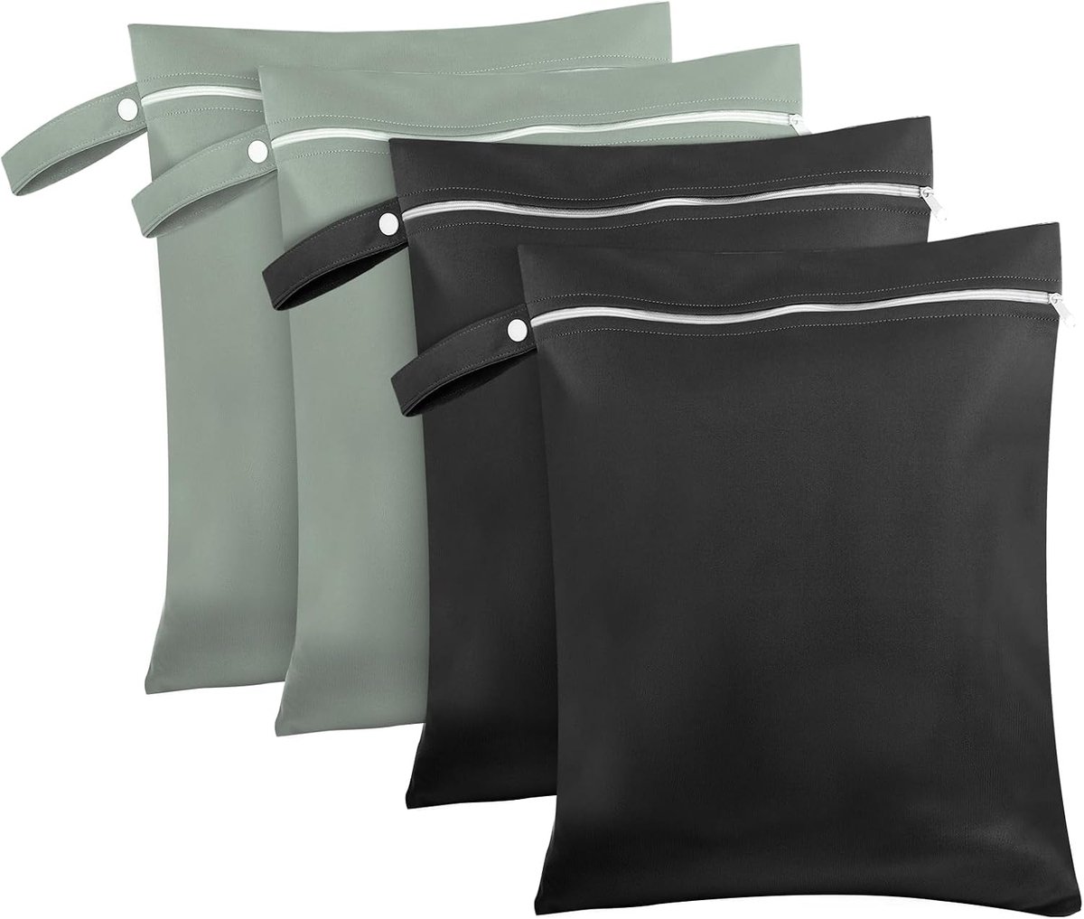 zakken 40 x 30 cm, waterdichte wetbags waszak 2 grijs-groen en 2 zwarte herbruikbare reisvochtige zakken met ritssluiting, kleine natte tas voor zwemmen, vuile was