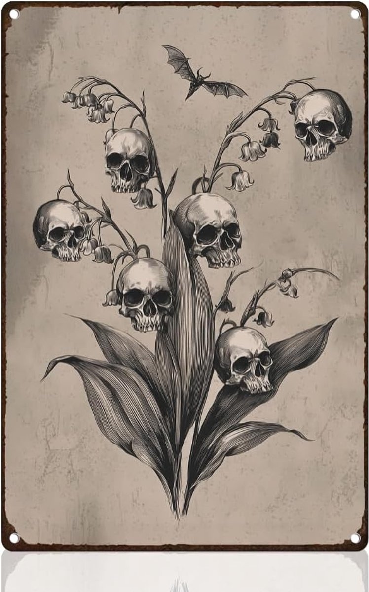schedel lelie tinnen bord retro metalen wanddecoratie 20 x 30 cm vintage donkere schedel lelietje-van-dalen muurkunst poster voor thuis, cafés, badkamer, tuingalerij, mangrot