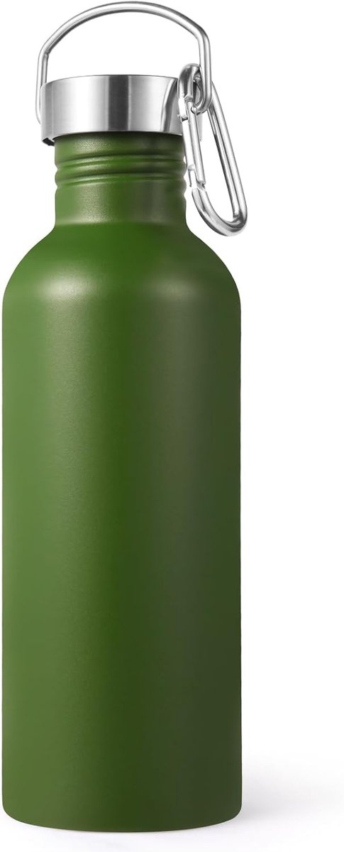 1000 ml ongeïsoleerde enkelwandige waterfles, roestvrijstalen sportwaterflessen met handvat en karabijnhaak, BPA-vrije lichtgewicht waterflessen voor wandelen, fietsen, hardlopen (legergroen