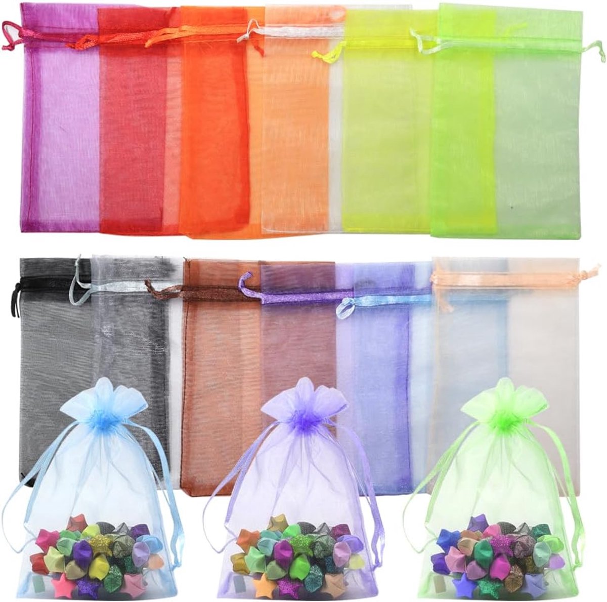 lyualma Organza-geschenkzakjes, 60 stuks, 15 x 10 cm, met trekkoord, kleurrijk, voor bruiloft, snoepzakjes, sieradenzakjes, cadeauzakjes (12 kleuren)