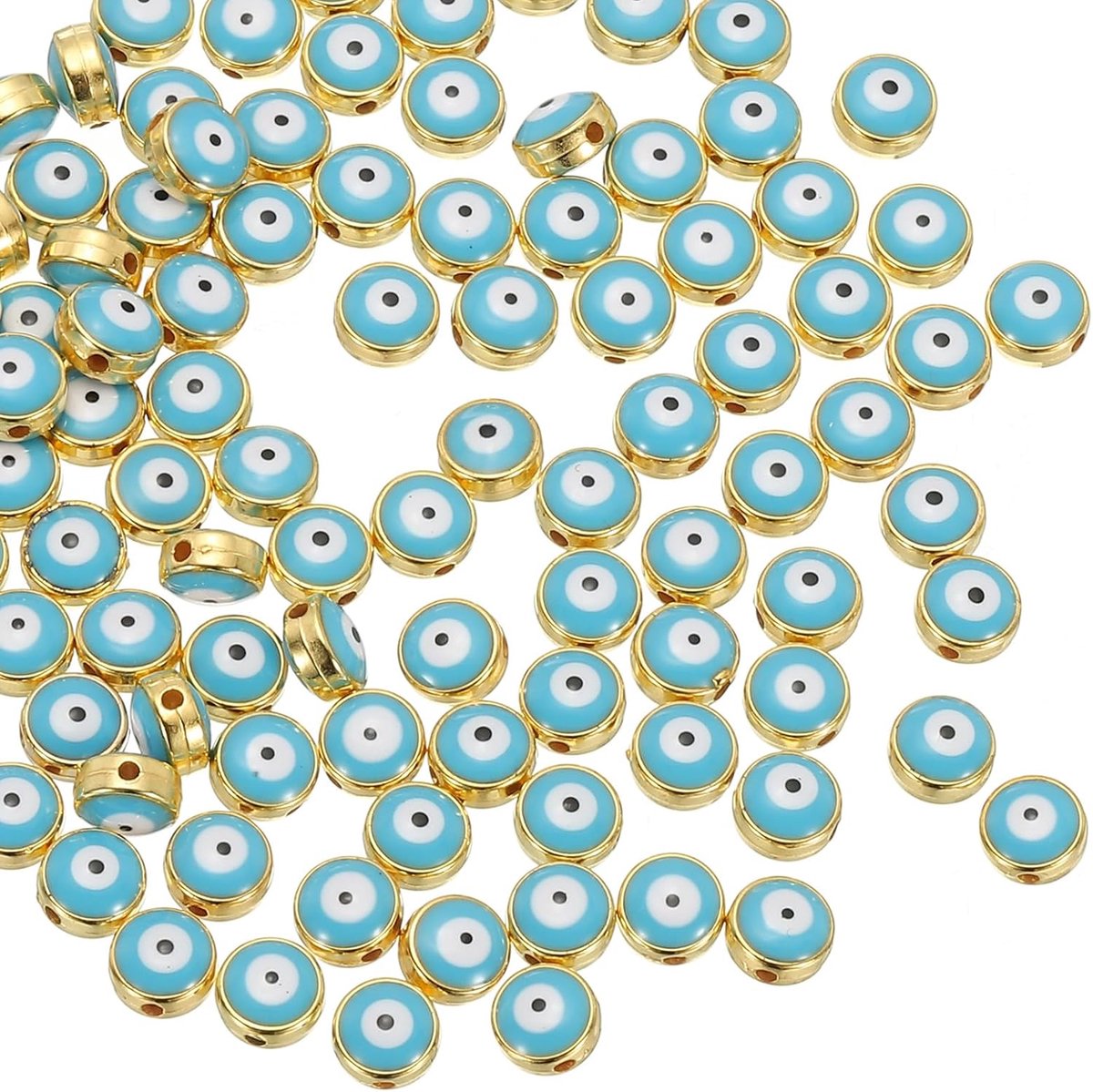 Kralen, 100 stuks platte ronde Turkse boze oog charme met gouden rand spacer kralen oogbal kraal voor armband doe-het-zelf ketting oorbellen maken, meer blauw