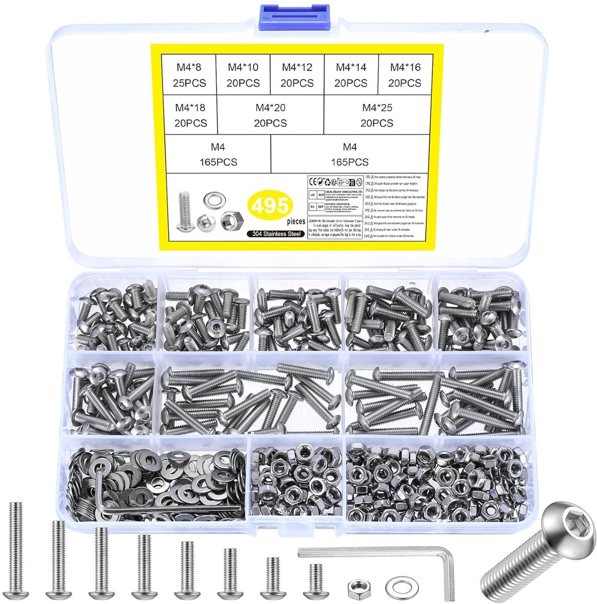 schroevenset, 495 stuks lenskopschroeven met moerenset, binnenzeskantschroeven moerenset, draadschrouwen en moerenset, roestvrijstalen machineschroeven assortiment onderlegschijvenset (M4)