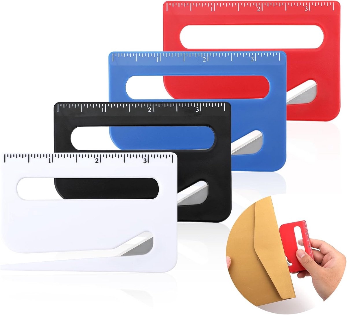 4st Envelop Opener, Geüpgraded Briefopener Envelop Snijmachine Post Opener Gereedschap met Schaal & Puntige Punt & Vergrootglas Pakket Opener Snijder Inpakpapier Snijder (4 Kleuren)