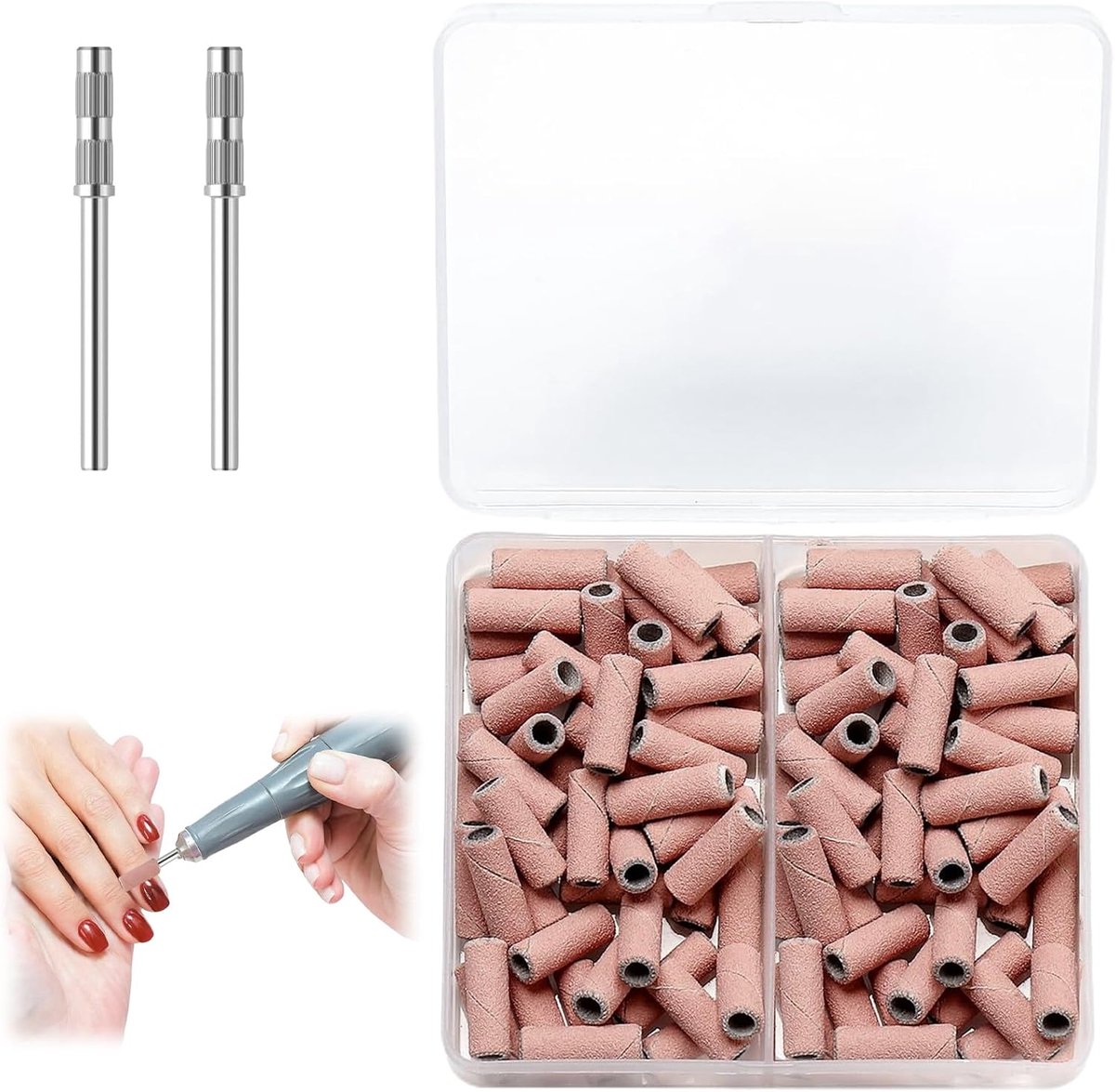 100 stuks schuurcilinder, nagelfrees, schuurbanden, manicure, schuurbanden met korrel 180# 240# schuurbanden, geschikt voor manicure en pedicure met 2 punten voor nagelboren