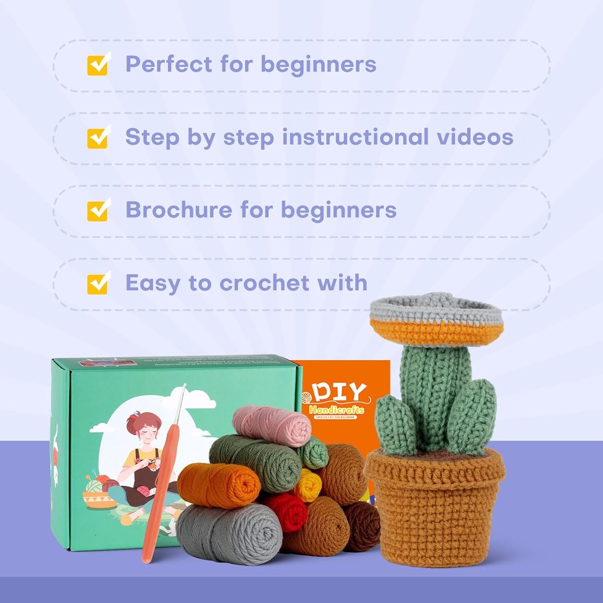 Haakpakket voor Beginners, Haakpakketten voor Beginners met Stapsgewijze Videotutorials, DIY Knutsel- en Haakset met Dieren - 3 Pack Cactussen en Potplanten