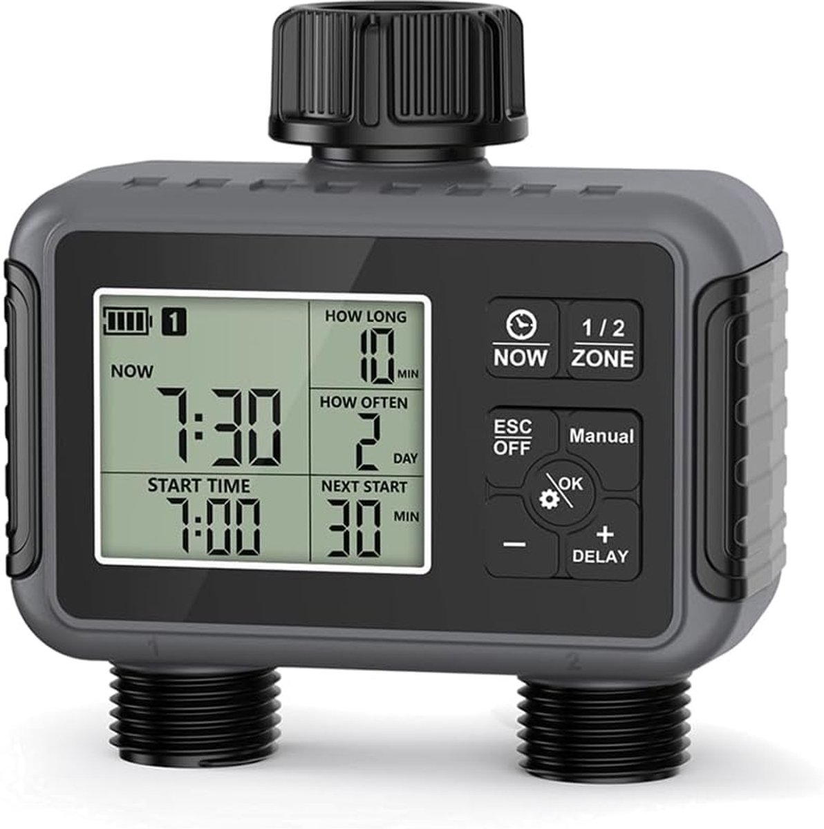 2 uitgangen, timer, irrigatieklok, 2 aparte programma's, irrigatiebesturing, programmeerbaar, IPX5 waterdicht, watertimer
