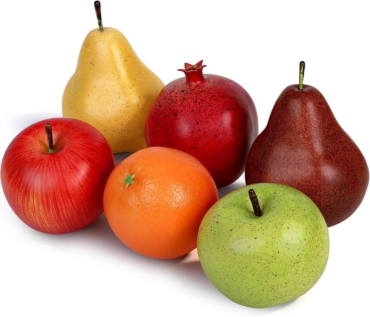 6 stuks kunstfruitpakket, nepfruit voor woondecoratie, simulatie fruitset, kunstfruitset voor feestkerstdecoratie, nepbruine peer, granaatappel, appelmodle voor fotoshoot