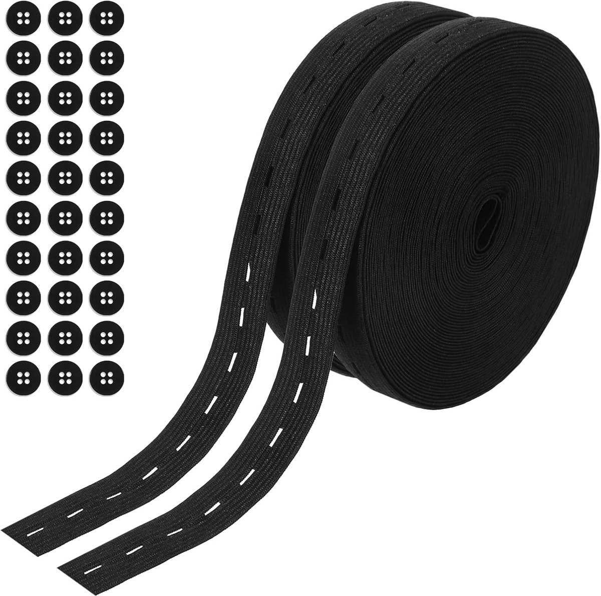 2 rollen elastiek met oogjes 20 mm met 30 knopen, elastiek met gaten, zwart elastiek voor broeken, tassen en culottes