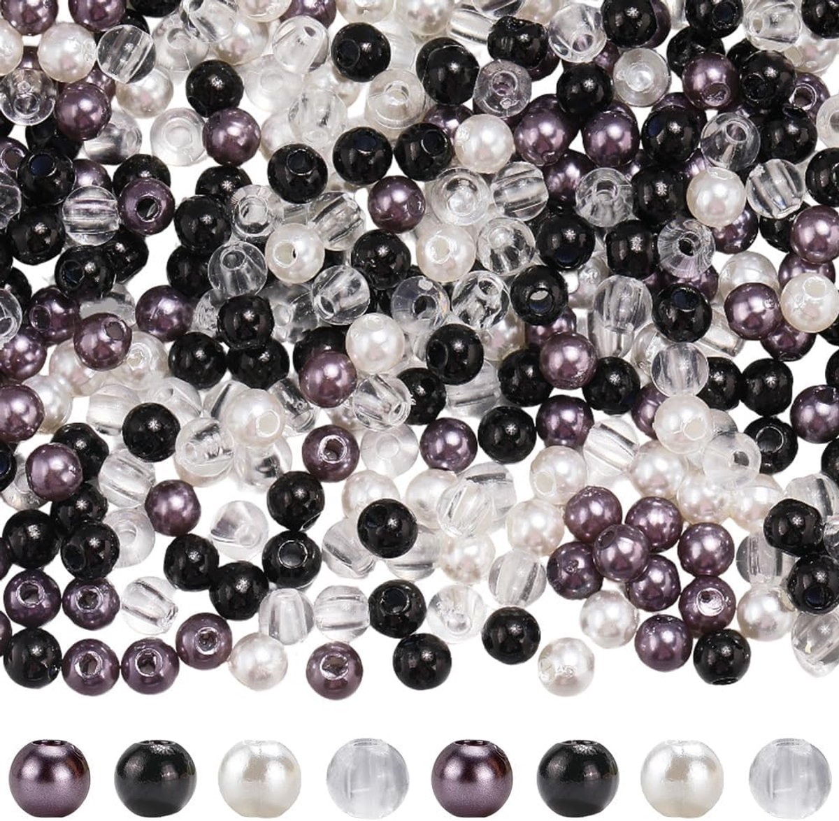 1 Doos 1200Pcs 4 Kleuren 4mm Plastic Ronde Kralen Zwarte Parel Acryl Kralen Bulk Multicolor Wit Grijs Transparant Glanzende Spacers voor Sieraden Maken Bevindingen Armband Ketting DIY Craft