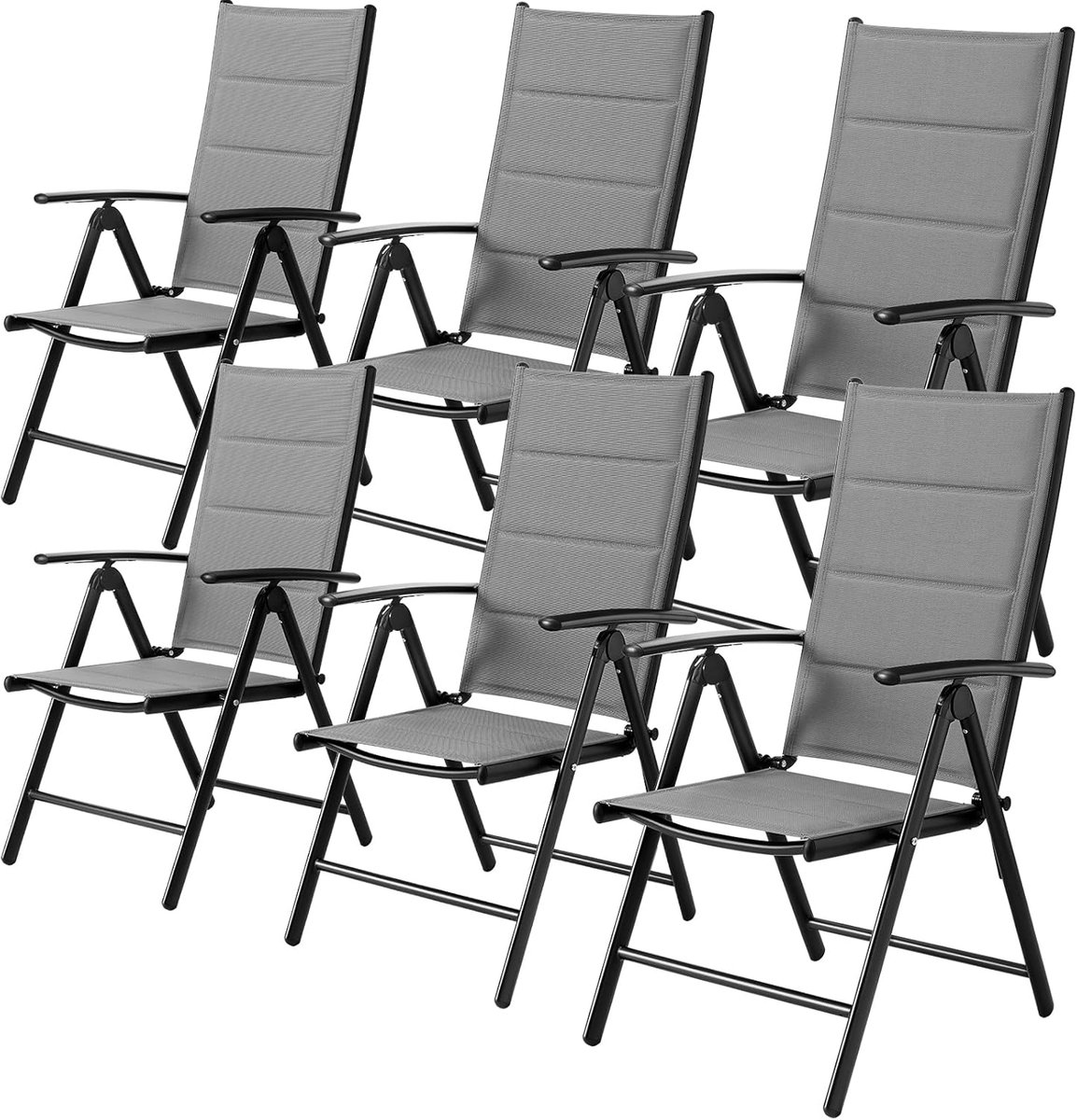 Aluminium balkonstoel, 6-delige set, tuinstoelen, hoge rugleuning, inklapbaar, tot 120 kg, 7-voudig verstelbaar, outdoor eetkamerstoel, armleuningen, klapstoel, met gewatteerde rugleuning en