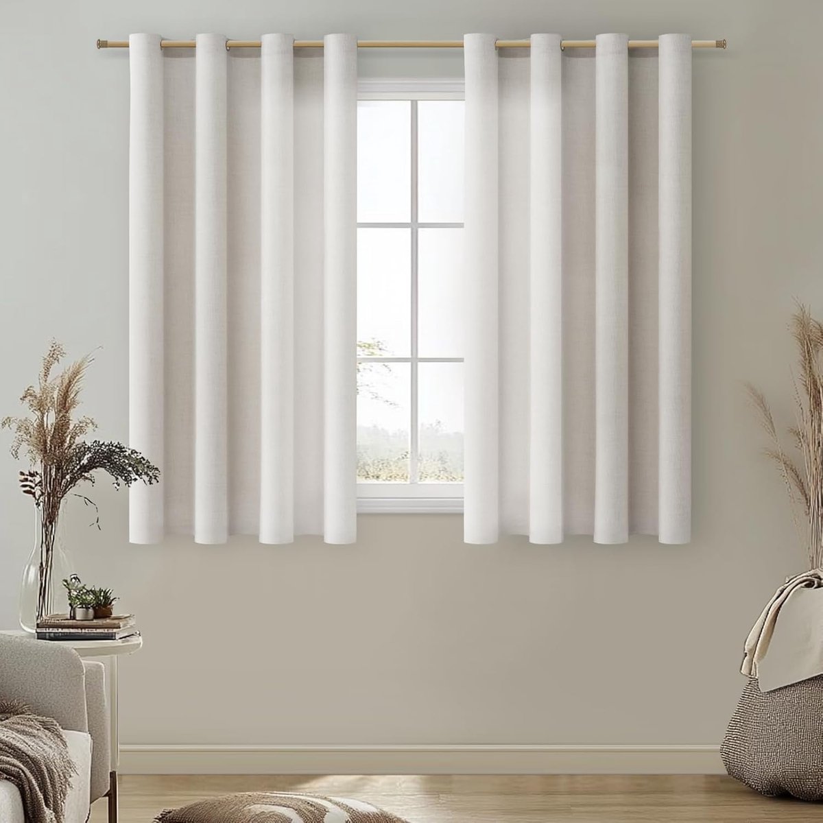 Linnen gordijnen met ringen, kort, voile gordijnen, keuken, raam, boho gordijn, linnenlook, halfdoorzichtig, ringsluiting voor woonkamer, slaapkamer, linnen gordijnen, 2-delige set, H 137 x B