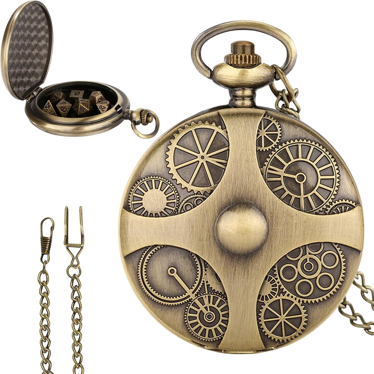 dobbelstenenset, 7-delige polyedrische D&D dobbelstenen set met steampunk tandwiel, zakhorlogebehuizing, DND dobbelstenen set voor Dungeons en Dragons dobbelstenen, rollenspel