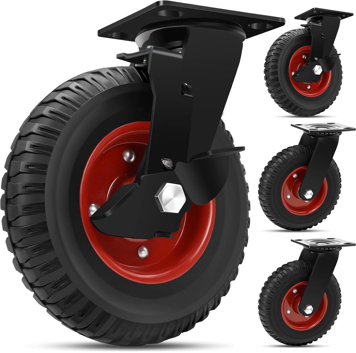 B D WEIBIDA Industriële kwaliteit massief rubberen zware transportwielen Groot, 200 mm 2 zwenkwielen en 2 remwielen, trillingsdempend en antislip, draagvermogen 1400 kg