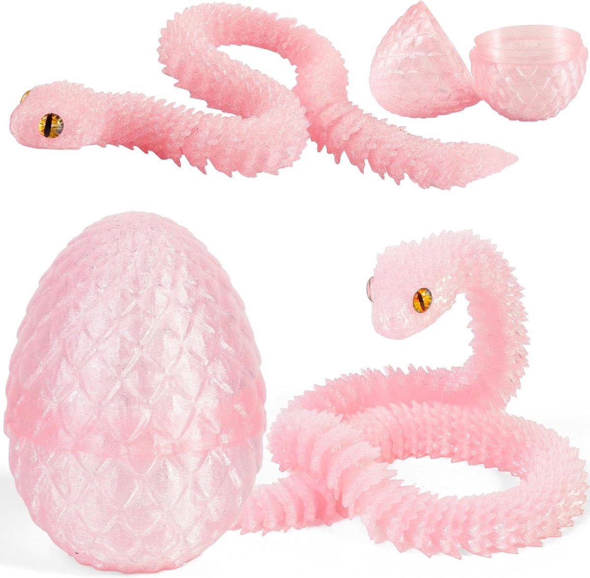 3D-bedrukte slang, speelgoed, Pasen, 3D-bedrukt drakenei, slangeneieren, 3D-bedrukte dieren, speelgoed voor kinderen, cadeau, bureau, wooncultuur (roze)