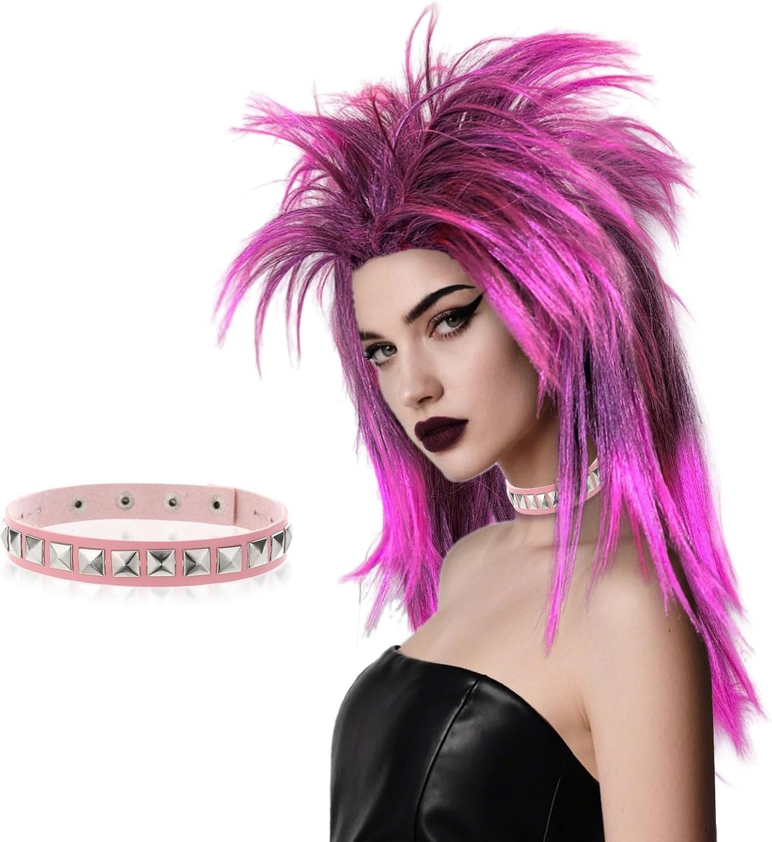punkpruikenset voor volwassenen, lange rechte jaren 70/80 mullet rockerpruik met roze choker voor mannen en vrouwen, rockster hippie kostuumaccessoires voor verkleedfeestjes festivals
