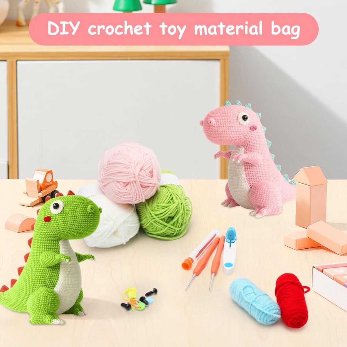 Haakset voor beginners, haakstarterskits, beginners voor volwassenen en kinderen, Amigurumi haakset dieren, stapsgewijze videotutorials, haakset kinderen, beginners haakgaren, dinosaurus