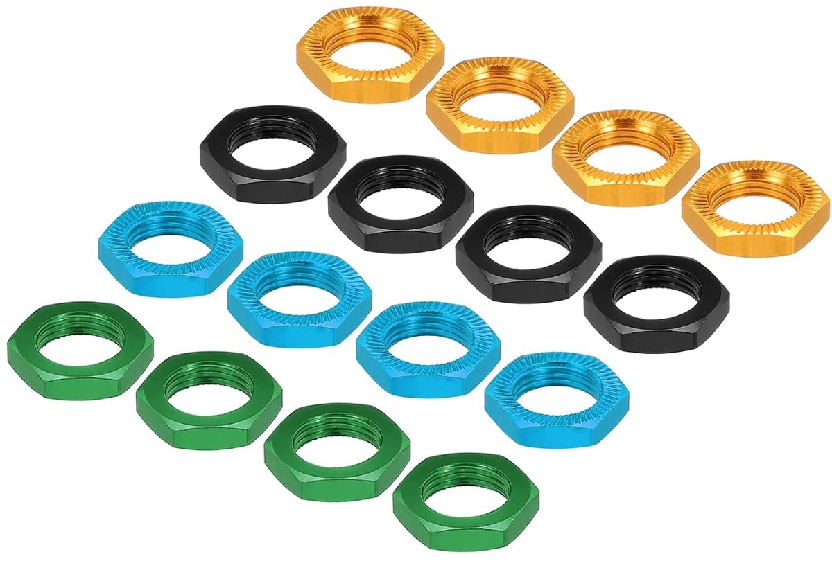 Aluminium 17 mm RC wielmoer schroefdraad M12 x 1,0 mm zeskant wielmoeren RC wielmoeren voor 1/8 RC modelauto, vrachtwagen, terreinwagen, verbeterde onderdelen, verpakking met 16 (zwart/goud