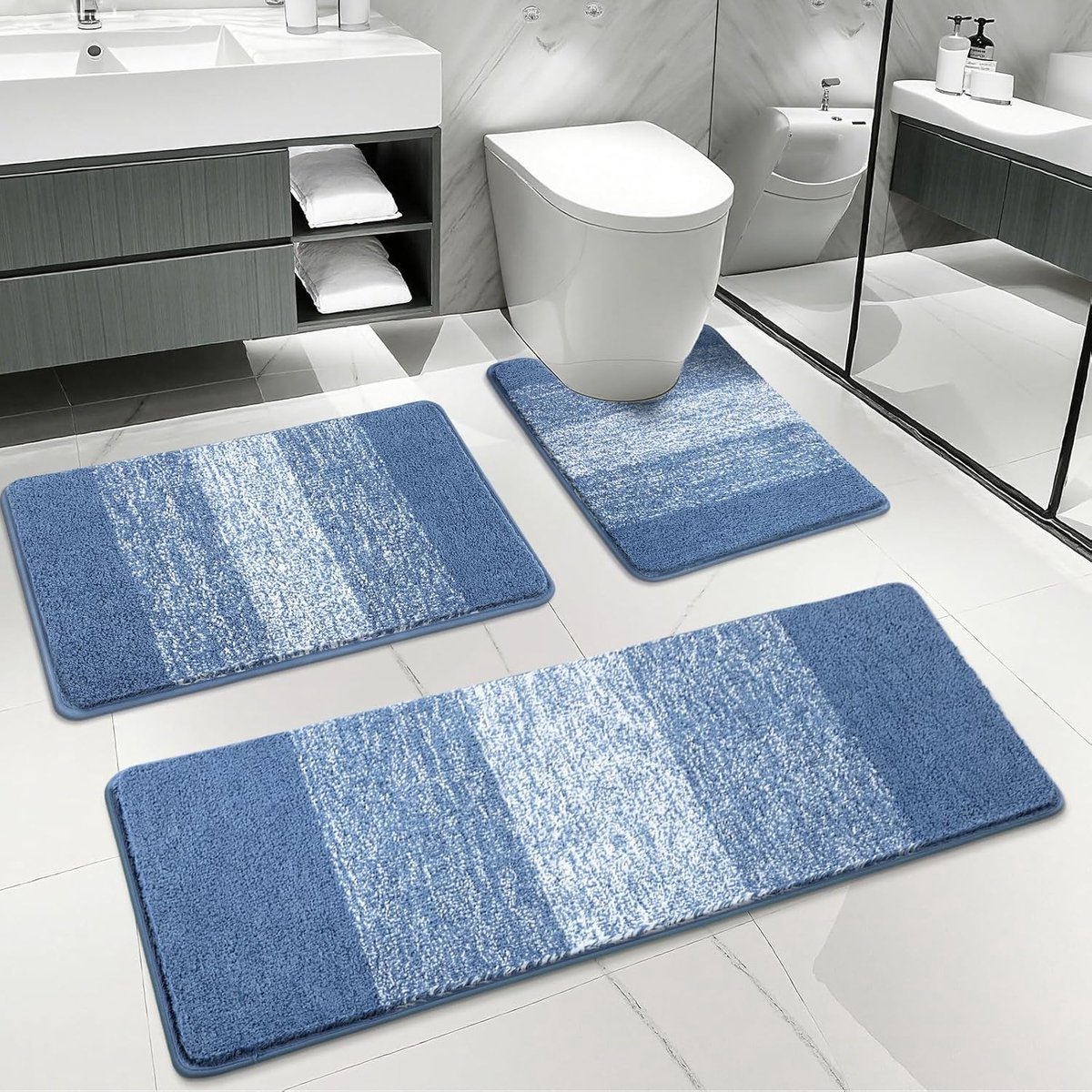 Badkamertapijt, 3-delig, zacht, dikke microvezel badmat en wc-tapijt, blauw, badmat, antislip, wasbaar, super absorberend, sneldrogend, badgarnituur, 3-delig, staand toilet