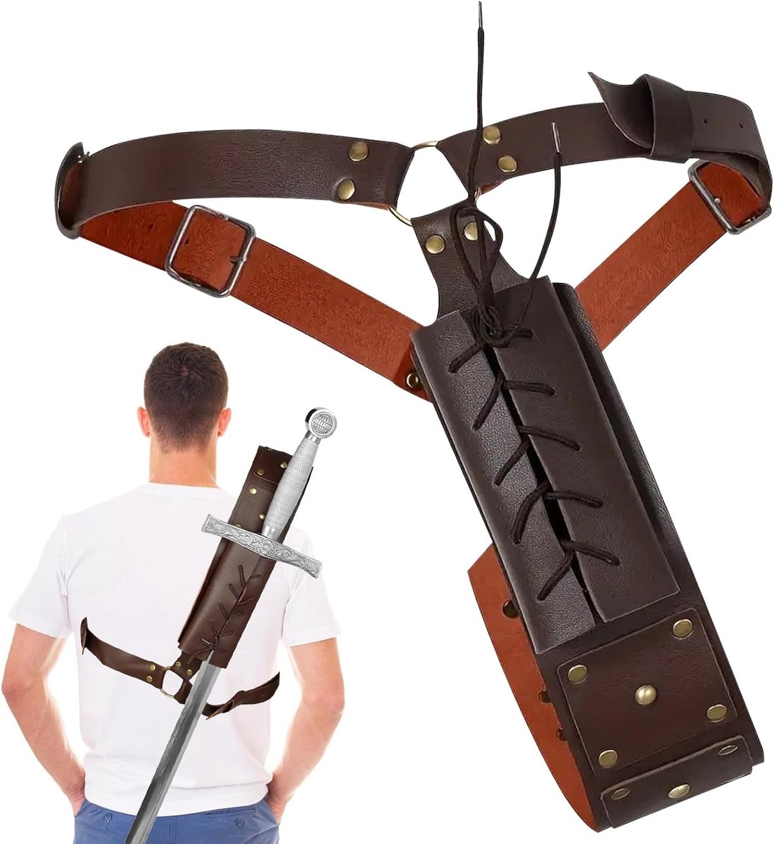 retro zwaard, schouder, rug, kikkerhouder, zwaard, kikkerhouder, katana zwaardhouder, zwaardriem van PU, voor imitaties, cosplay en samurai - bruin