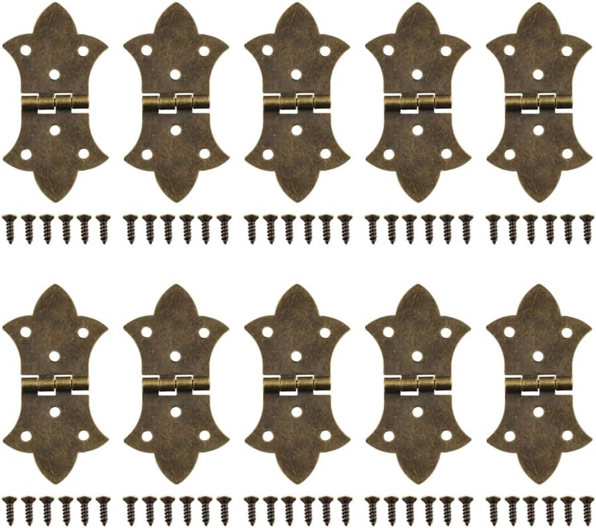 Scharnieren met schroeven, antieke bronzen vouwscharnieren met 6 gaten voor houten dooskastjes, sieradendoosjes (verpakking van 10)