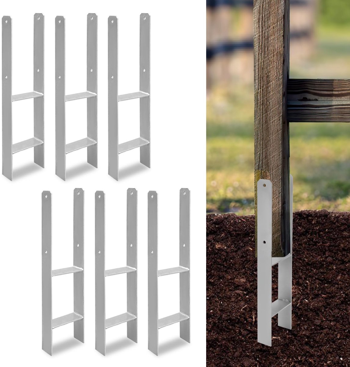 Set van 6 H-paalankers, 121 x 600 mm, H-paalhouders voor hek- en houten palen, robuuste H-ankers voor tuinhek, carport, paviljoen en houtbouwprojecten