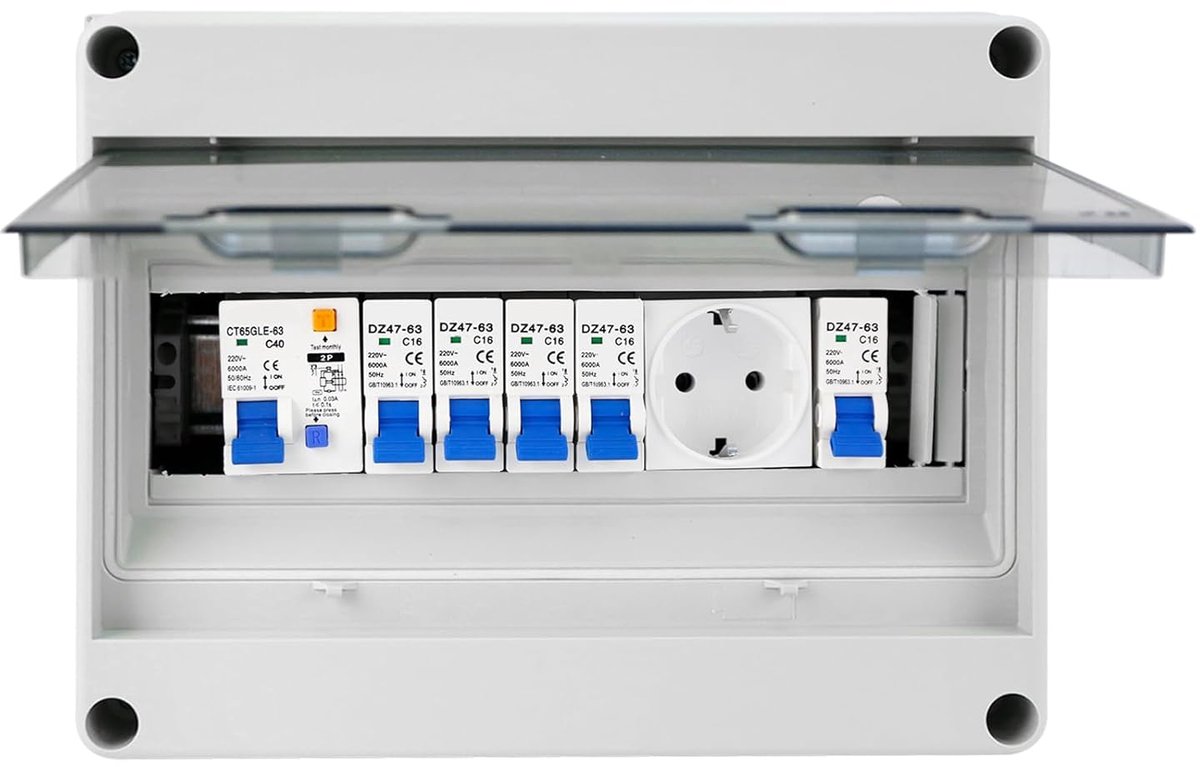 elektrische doos, schijnbare zekeringkast IP65 met aardstroomonderbreker 40 A 2P en stopcontact 16 A verdeelkast voor binnen en buiten