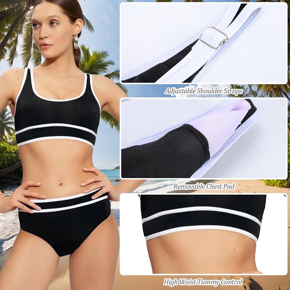 2-delig damesbadpak, hoge taille, gevoerd broekje, push-up bovendeel, buikcontrole, badpakken