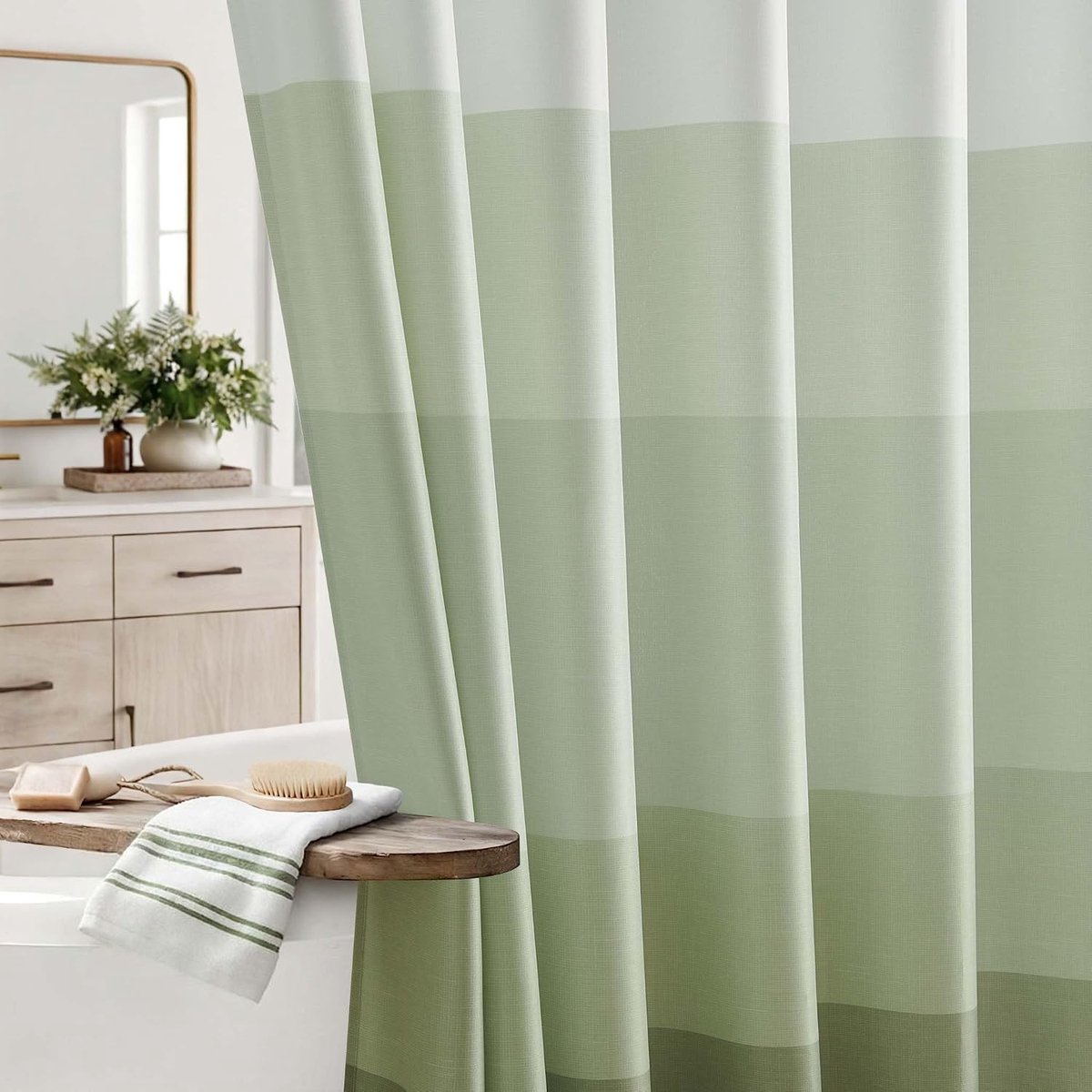 Douchegordijn, 180 x 200 cm, groen, badgordijn, wasbaar, textiel, kleurrijk, badkamergordijnen met inslagringen, waterafstotend, ombré-strepen, polyester, modern, voor hotel, met 12 haken