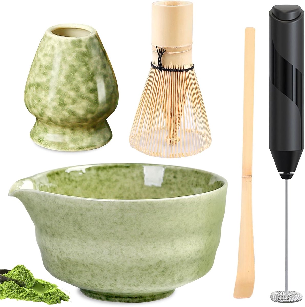 Matcha Set met Elektrische Melkschuimmachine, 5-delig Matcha Thee Set, Matcha Thee Set, Matcha Bezem Set, Inclusief Matcha Schaal, Matcha Bamboe Theebezem, Bamboeschep, Bezemstandaard