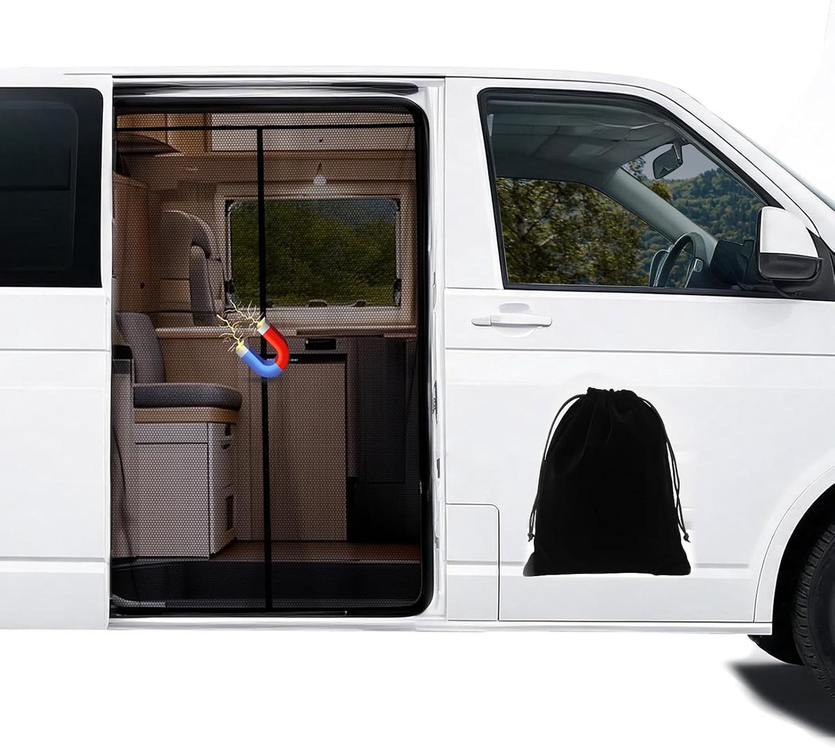 Magnetisch vliegengaas voor VW T5 T6, zijraam, schuifdeur, vliegengaas met zon en insectenbescherming, zacht stoffen ventilatienet voor campingreizen met het busje